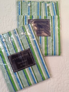 NWT Pair (2) A&E Creations Blue & Green Striped Euro Pillow Shams 26x26​